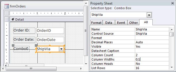 Thuộc tính Column Widths trong Combo Box - Access